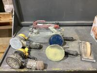 SHOP BOX W/ (2) ORBIT PALM SANDER, (2) HAND SANDERS, (2) AIR ORBITAL SANDERS & STRAIGHT PLANE SANDER