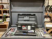 SHOP TOOL BOX W/ WRENCHES, HAMMERS, CLAMPS, SCREWDRIVERS & MISCELLANEOUS