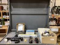 SHOP BOX W/ MISCELLANEOUS ELETRICAL PARTS, INFRARED PASSIVE SENSOR SECURITY LIGHT, HAND-HEND BIDET
