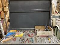 SHOP BOX OF MIXED TOOLS W/ PILERS, DRILL BITS, WRENCHES, RAFTER SQUARES