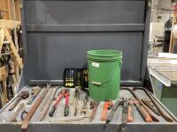 SHOP PAIL W/ PILERS, SCREWDRIVERS, SHEARS, CUTTERS, CROW BAR, PRY BAR, BOLT WRENCH & MISCELLANEOUS