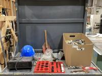 SHOP BOX W/ CAFCAMO HEATER, SAFETY HELMET, O-RINGS, DRILL BITS, ROPE, EXTENSION CORD & MISCELLANEOUS