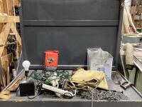 MISCELLANEOUS W/ EXTENSION CORDS, LAMP, UTILITY BLANKET, SAWS, CHAINS