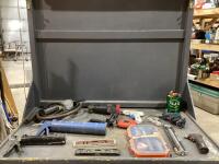SHOP BOX W/ SOLDERING GUN, GLUE GUN, JOBMATE HEATER, CERTIFIED GENERAL-PURPOSE TOOL SET, LEVELS, CHALKING GUNS & MISCELLANEOUS