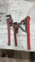 (2) PIPE WRENCHES - BENCHMARK & CHINA. + 24&rdquo; RIDGID CHAIN VISE