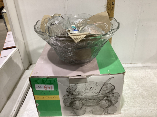 GLASS PUNCH. BOWL WITH CUPS AND HANGERS