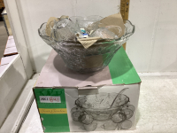 GLASS PUNCH. BOWL WITH CUPS AND HANGERS