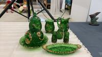 ANTIQUE GREEN PATTERN PRESSED GLASSWARE W/ GOLD DETAIL - CROESUS PATTERN