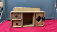 TABLETOP WOODEN SHELF W/ (2) SMALL DRAWERS, DOOR & A CUBBY