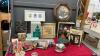 BOX OF MISC DECOR ITEMS - CANDLES & HOLDERS, PHOTO STORAGE BOX, A FEW PICTURES