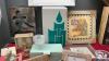 BOX OF MISC DECOR ITEMS - CANDLES & HOLDERS, PHOTO STORAGE BOX, A FEW PICTURES - 3