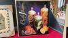 BOX OF MISC DECOR ITEMS - CANDLES & HOLDERS, PHOTO STORAGE BOX, A FEW PICTURES - 6