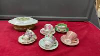 VINTAGE PYREX CASSEROLE, (5) TEA CUPS & SAUCERS & A &ldquo;RUNNING WITH THE WIND&rdquo; COLLECTOR. PLATE