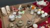 BOX MISC COLLECTIBLE - MCCOY &ldquo;WISHING WELL&rdquo;, SALT & PEPPERS - (INCLUDES A DEPRESSION GLASS SET), MUSICAL TEAPOT, LAPEL PINS, GLASSWARE - 6