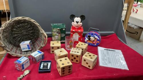 WICKER BASKET, MONEY CLIP, SOAP, MEN&rsquo;S WATCH, SOLAR LIGHT, MICKEY MOUSE MONEY BANK, MUG & TIN + YARD YAHTZEE