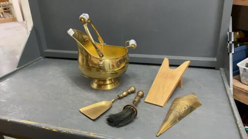BRASS ASH BUCKET W/ SMALL BROOM & SHOVEL, WOOD MATCH HOLDER + A BOOT JACK