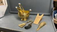 BRASS ASH BUCKET W/ SMALL BROOM & SHOVEL, WOOD MATCH HOLDER + A BOOT JACK