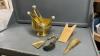 BRASS ASH BUCKET W/ SMALL BROOM & SHOVEL, WOOD MATCH HOLDER + A BOOT JACK