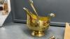 BRASS ASH BUCKET W/ SMALL BROOM & SHOVEL, WOOD MATCH HOLDER + A BOOT JACK - 2