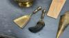 BRASS ASH BUCKET W/ SMALL BROOM & SHOVEL, WOOD MATCH HOLDER + A BOOT JACK - 3