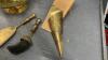BRASS ASH BUCKET W/ SMALL BROOM & SHOVEL, WOOD MATCH HOLDER + A BOOT JACK - 4