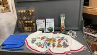 CHRISTMAS LED LIGHTS, NEEDLEPOINT TREE SKIRT, VINTAGE TREE TOPPER & DECOR,