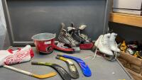 REIDELL FIGURE SKATES, BAUER HOCKEY SKATES, CALGARY FLAMES BUCKET, (3) LEFT HAND HOCKEY REPLACEMENT BLADES