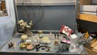 BOX OF MISC DECOR ITEMS - CANDLES, METAL CANADA FLAG, BOTTLE HOLDER, METAL WALL DECOR, VINTAGE METAL SALT & PEPPERS, VINTAGE PENCIL SHARPENERS