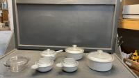 CORNINGWARE CASSEROLE SET & A SMALL ANCHOR HOCKING CASSEROLE
