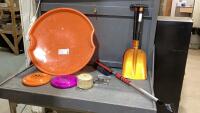 SNOW SLED, FRISBEES, MODEL FORD BRONCO, SNOW SHOVELS, BRUSH, ROPE