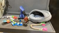 BAG W/SMALL DOG/CAT BED + DOG TOYS, GROOMING ITEMS
