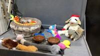 BOX W/SMALL PET BED, PET FEED STATION, TOYS, GROOMING BRUSH
