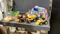BOX W/MEGA BLOCKS, HOT WHEELS, PLAY FOOD, MTC EQUIPMENT