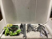 SHOP BOX OF MIXED WRENCHES, STRAPS & MISCELLANEOUS BITS