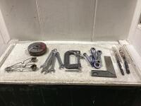 SHOP BOX W/ MIXED WRENCHES, DRILL BITS, GRINDER DISCS, CLAMPS & SPARK STARTERS