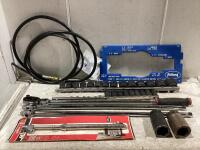 SHOP BOX W/ IMPACT SOCKETS, FLEX HEAD RATCHET WRENCH, KINGPIN GAUGE, BREAKER BAR, SERVICE GAGE DUAL HEAD & MISCELLANEOUS