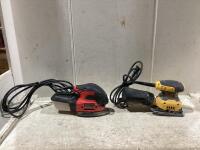 SHOP BOX OF CORDED SANDERS W/ DEWALT 1/4" SHEET PALM SANDER & BENCHMARK DETAIL SANDER