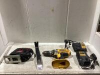 SHOP BOX W/ PRY BAR, DEWALT DRILL, (2) DEWALT BATTERY CHARGERS & HYPER TOUGH JIGSAW