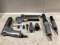 SHOP BOX W/ PNEUMATIC TOOLS, GAUGE, HANDLE BAR ATTACHMENT, EXTENSION SOCKETS & CHUCK KEYS