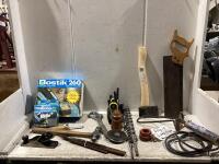 SHOP BOX W/ PLANER, BURNER, FILES, HANDSAW, ANTIQUE BARREL PIMP BUNG, HATCHET, ELETRIC GUN GLUE, WALKIE TALKIES & MISCELLANEOUS