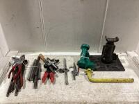 SHOP BOX W/ CHISELS, TRUCK JACK, PILERS, WEIGHTS, DIE HANDLE WRENCH & MISCELLANEOUS