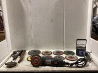 SHOP BOX W/ ANGLE GRINDER, GRINDER WHEELS, WIRE BITS, MAGNETIC PICK-UP & MISCELLANEOUS