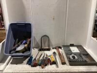 SHOP BOX W/ FLARING TOOL, HAMMER, RATCHET WRENCH, SCREWDRIVERS & MISCELLANEOUS