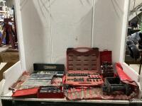 SHOP BOX W/ WRENCH SETS, DRILL BIT SETS, SOCKET SETS & MISCELLANEOUS