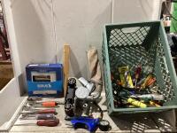 SHOP CRATE W/ SCREWDRIVERS, CORDED BELT SANDER, PILERS, WINDOW SCRAPER, SIRCUS SATELLITE RADIO & MISCELLANEOUS
