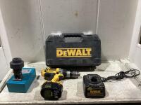 SHOP BOX OF DEWALT TOOLS W/ DRILL, TOOL BOX, BATTERY & MISCELLANEOUS