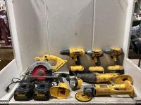 DEWALT BAG OF CORDLESS TOOLS W/ (3) BATTERIES, (2) IMPACT DRIVERS, (2) BATTERY CHARGERS, DRILL, ANGLE GRINDER, RECIPROCATING SAW, CIRCULAR SAW & FLASHING