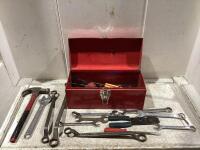 TOOL BOX W/ WRENCHES, SCREWDRIVERS, HAMMER & MISCELLANEOUS