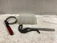 SHOP BOX W/ CHAIN WRENCH, OIL FILTER WRENCH & SMALL BITS ORGANIZER
