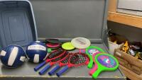 LIDDED TOTE W/ SPORTS EQUIPMENT/TOYS